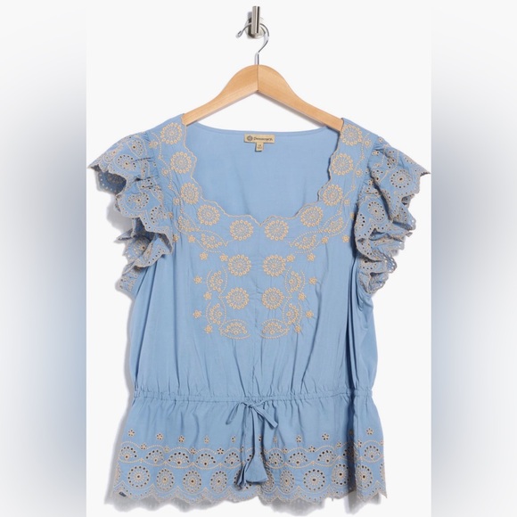Blue Eyelet Lace Flutter Sleeve Top. Ladies 2X - Picture 3 of 14